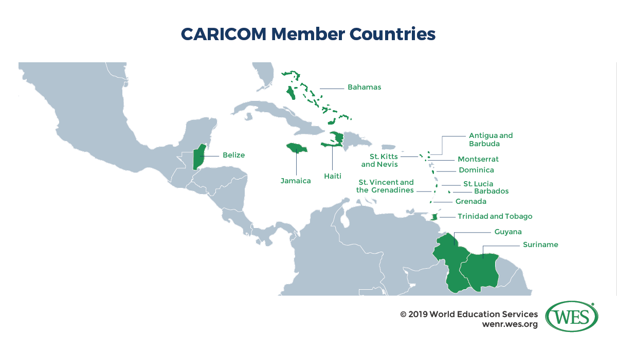 A map highlighting the countries that are members of the Caribbean Community (CARICOM)